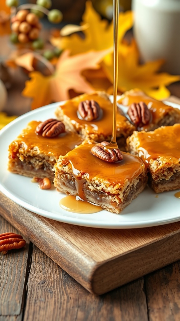 Maple pecan pie bars on a plate, topped with maple syrup and whole pecans.